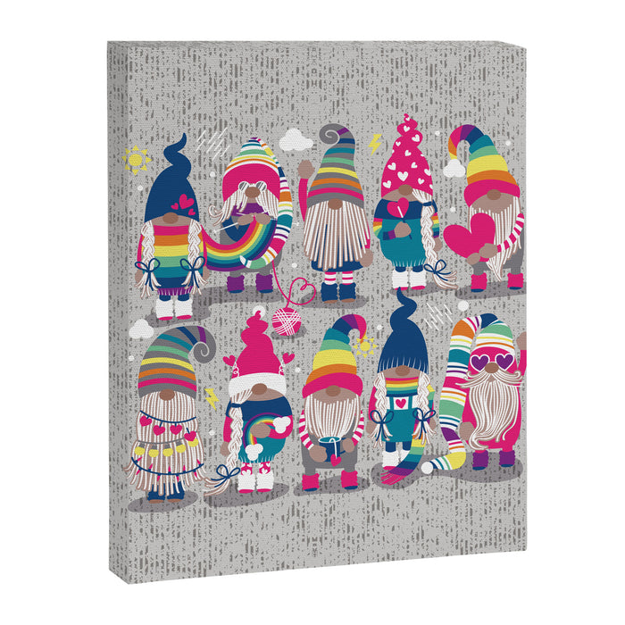 I gnome you // grey background little happy and lovely gnomes with rainbows fuchsia pink hearts Canvas Print Gallery Image 1
