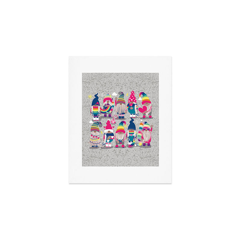 I gnome you // grey background little happy and lovely gnomes with rainbows fuchsia pink hearts Art Print Gallery Image 1