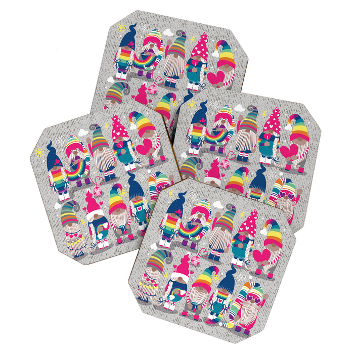I gnome you // grey background little happy and lovely gnomes with rainbows fuchsia pink hearts Coaster Gallery Image 1