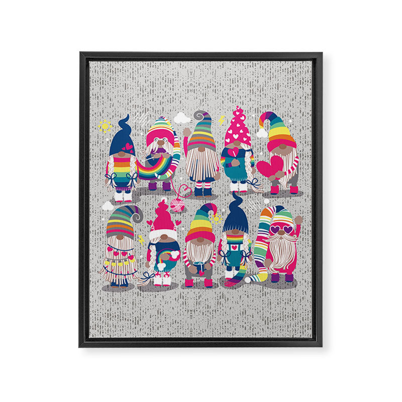 I gnome you // grey background little happy and lovely gnomes with rainbows fuchsia pink hearts Framed Canvas Print Gallery Image 8