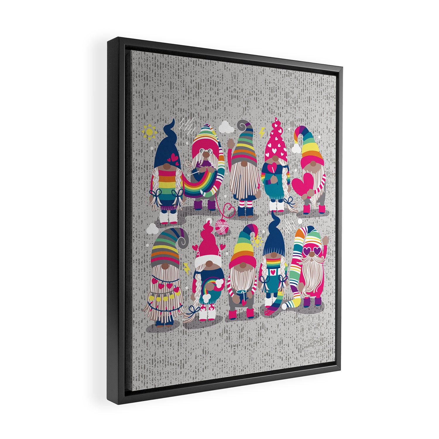 I gnome you // grey background little happy and lovely gnomes with rainbows fuchsia pink hearts Framed Canvas Print Gallery Image 2