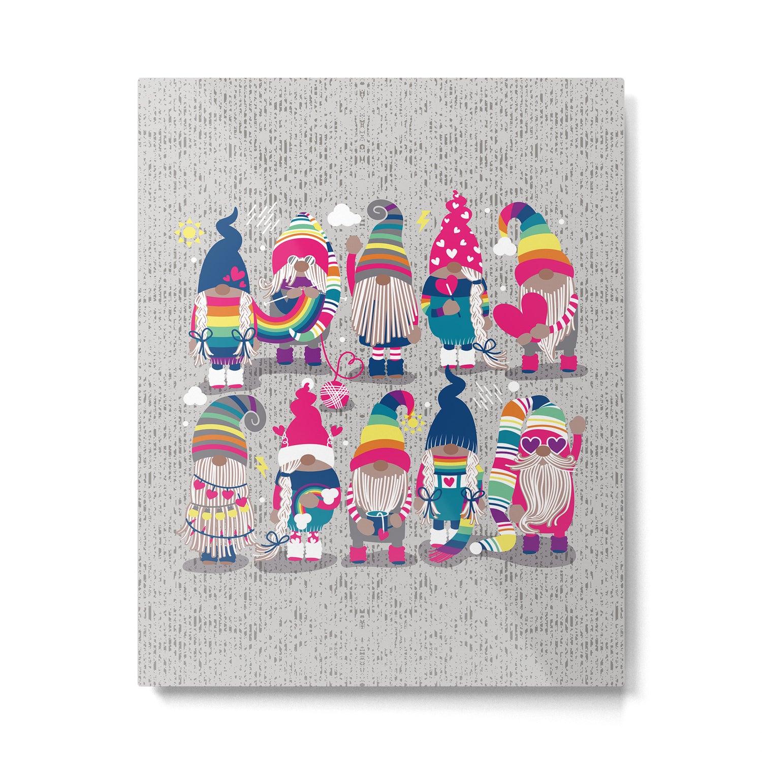 I gnome you // grey background little happy and lovely gnomes with rainbows fuchsia pink hearts Metal Print Gallery Image 6