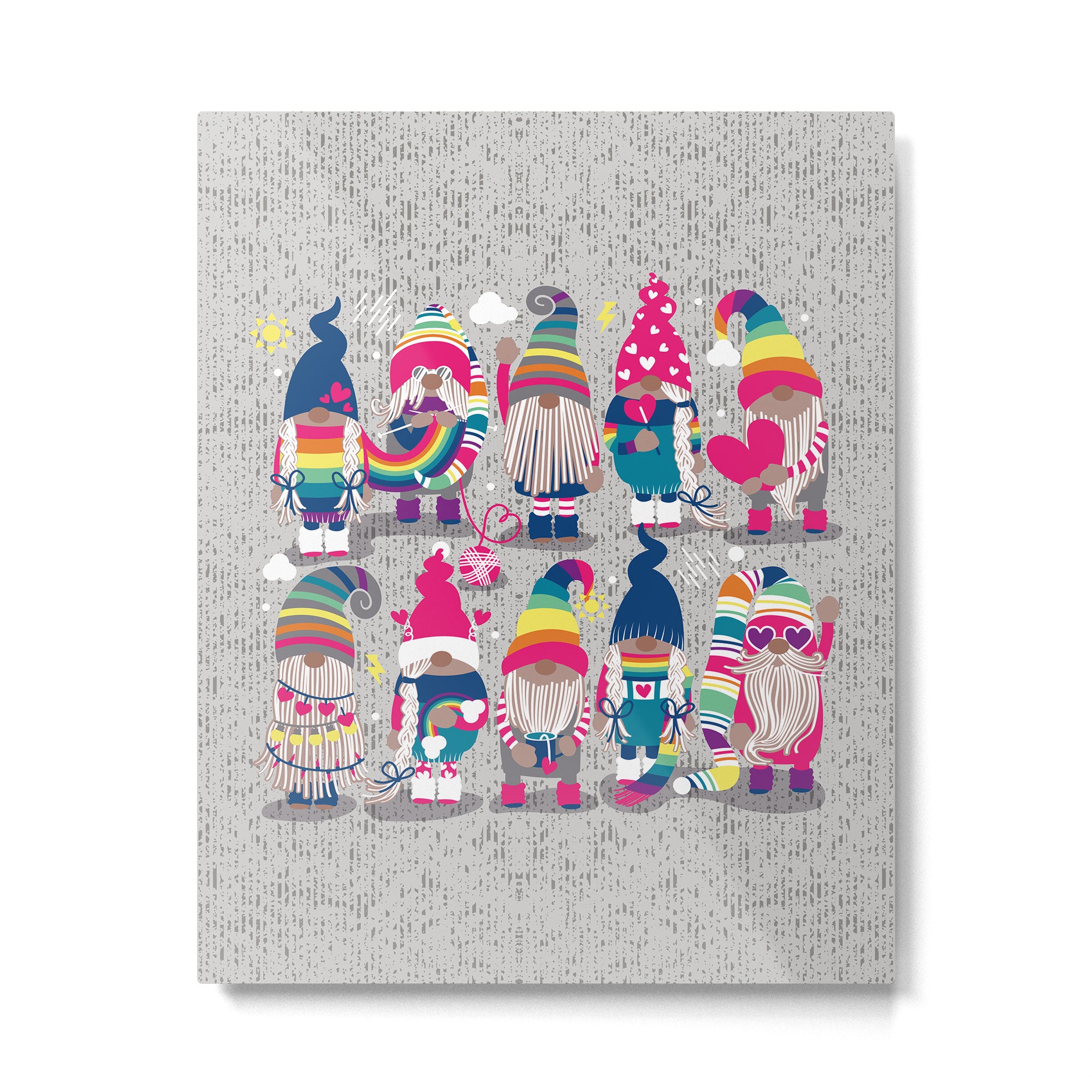 I gnome you // grey background little happy and lovely gnomes with rainbows fuchsia pink hearts Metal Print Gallery Image 6
