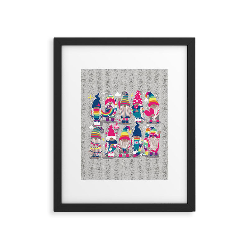 I gnome you // grey background little happy and lovely gnomes with rainbows fuchsia pink hearts Framed Art Print Gallery Image 6