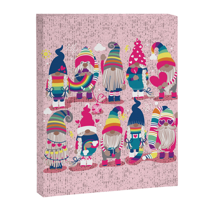 I gnome you // pastel pink background little happy and lovely gnomes with rainbows fuchsia pink hearts Canvas Print Gallery Image 1