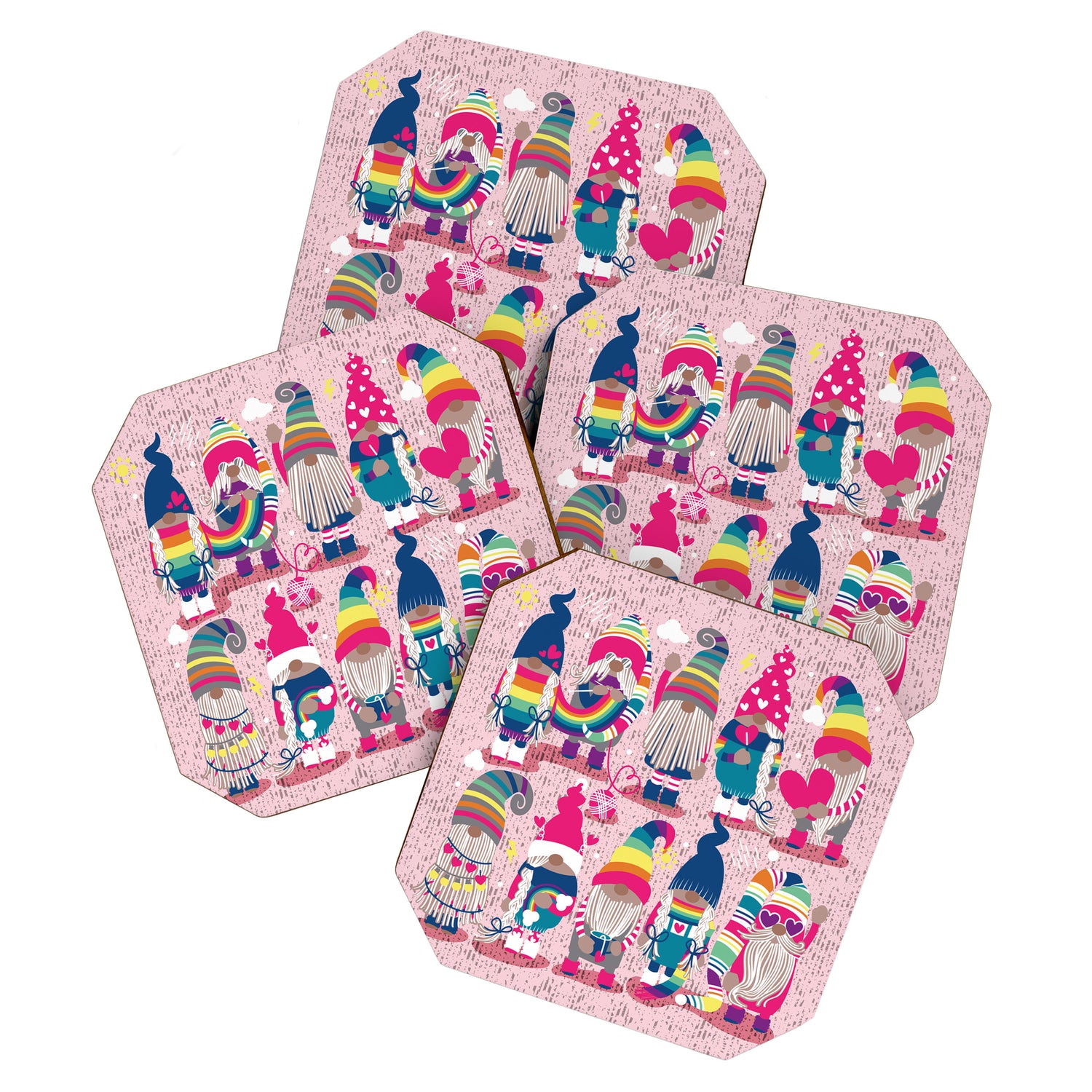 I gnome you // pastel pink background little happy and lovely gnomes with rainbows fuchsia pink hearts Coaster Gallery Image 1