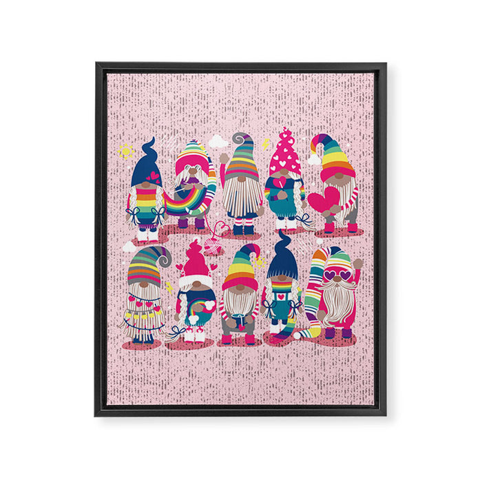 I gnome you // pastel pink background little happy and lovely gnomes with rainbows fuchsia pink hearts Framed Canvas Print Gallery Image 1