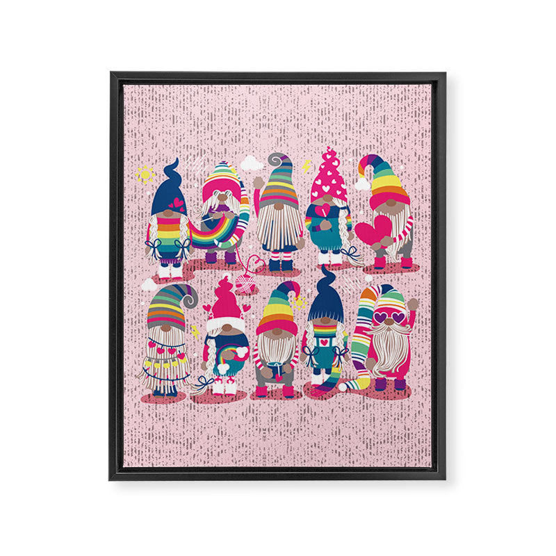I gnome you // pastel pink background little happy and lovely gnomes with rainbows fuchsia pink hearts Framed Canvas Print Gallery Image 8