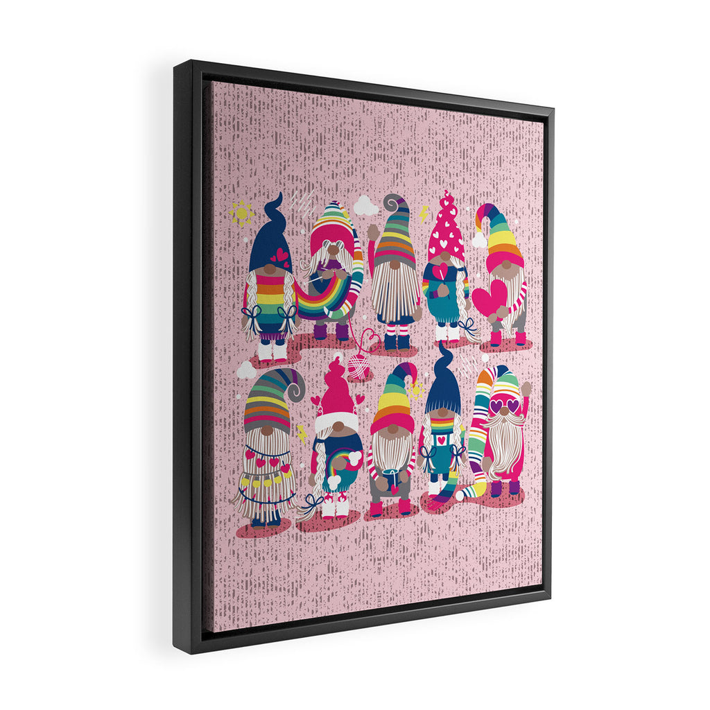 I gnome you // pastel pink background little happy and lovely gnomes with rainbows fuchsia pink hearts Framed Canvas Print Gallery Image 2