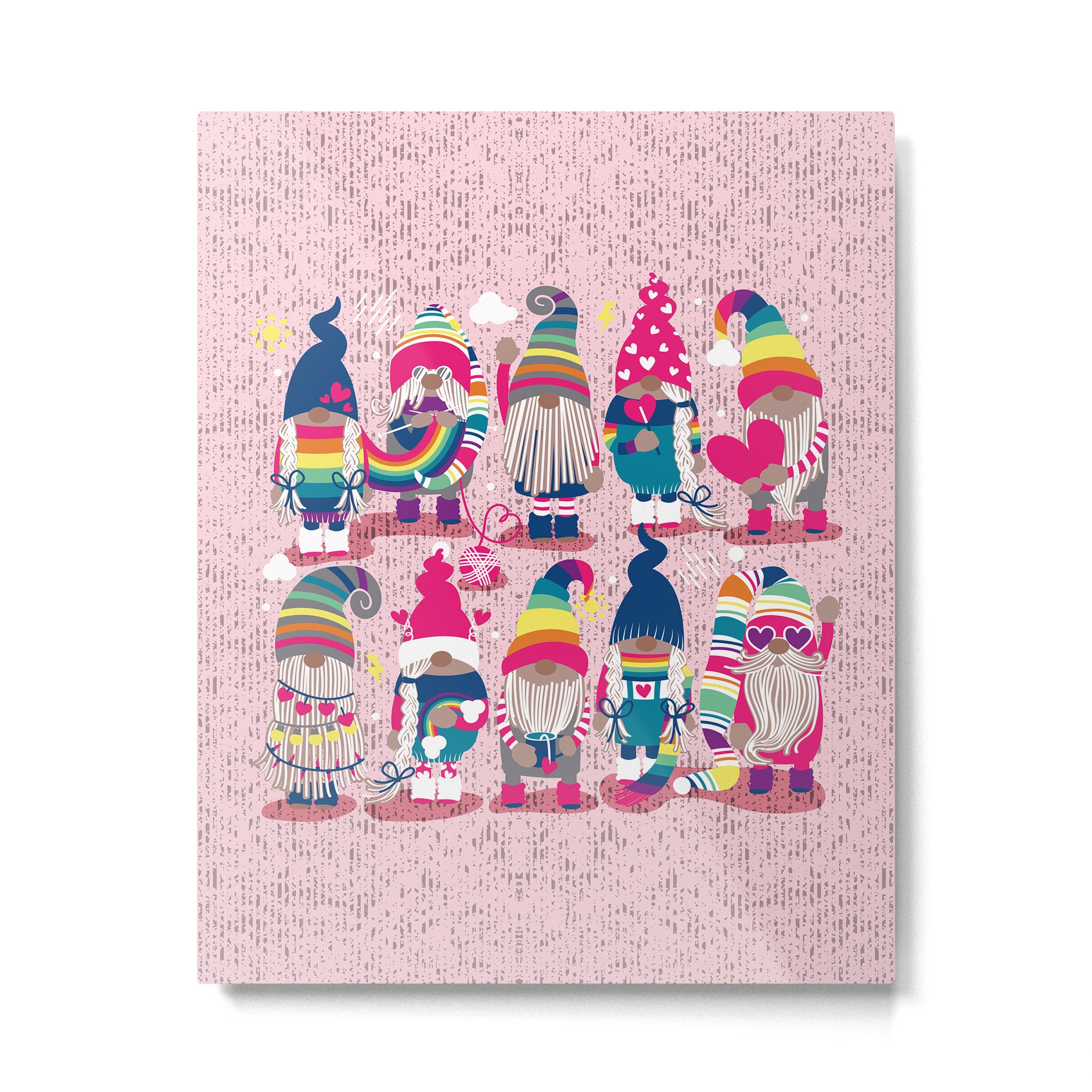I gnome you // pastel pink background little happy and lovely gnomes with rainbows fuchsia pink hearts Metal Print Gallery Image 6