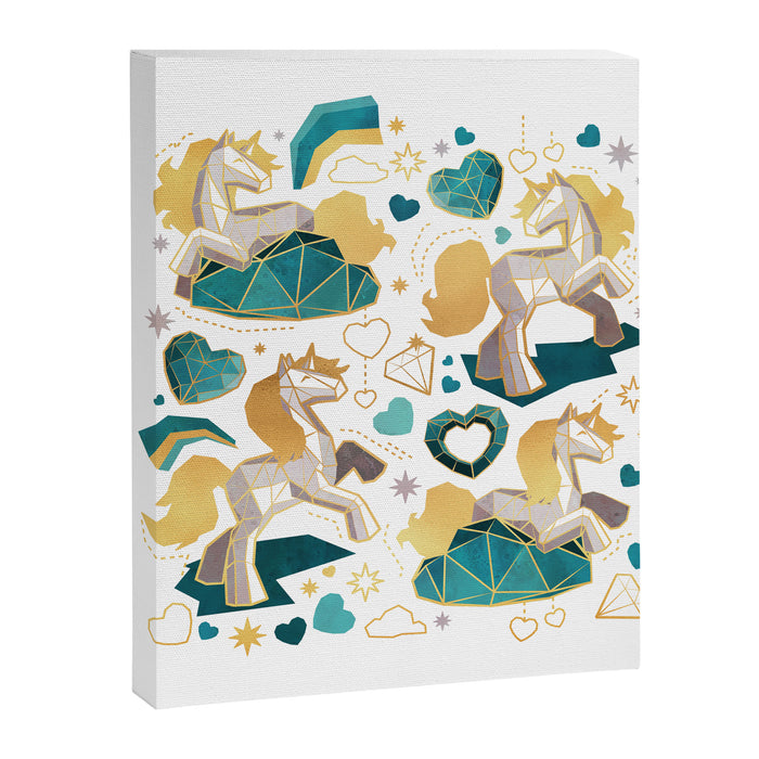 Kicking off some magic // white background white and grey unicorns aqua and mint hearts clouds and rainbows golden lines Canvas Print Gallery Image 1
