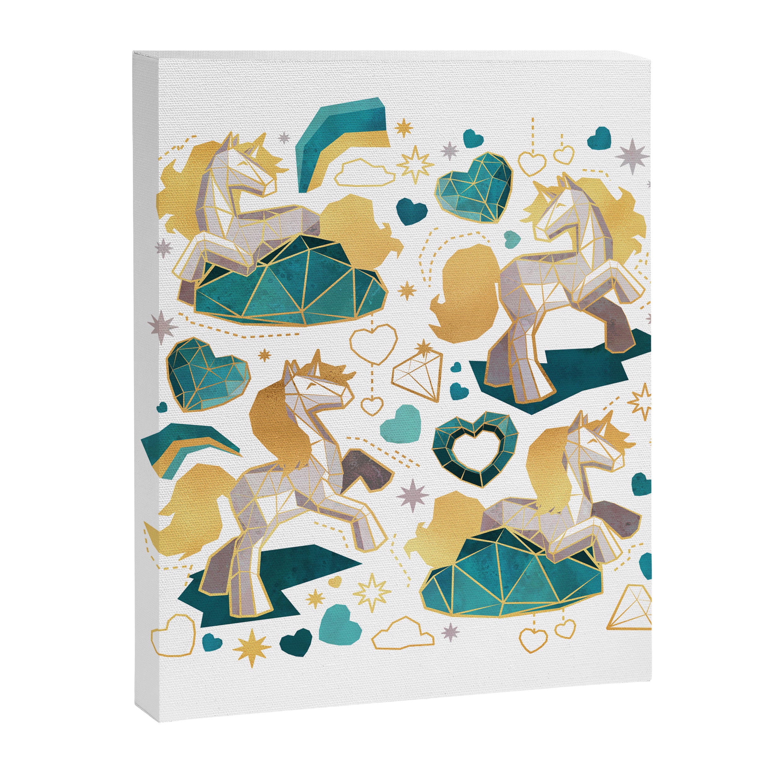 Kicking off some magic // white background white and grey unicorns aqua and mint hearts clouds and rainbows golden lines Canvas Print Gallery Image 6