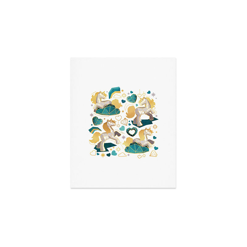 Kicking off some magic // white background white and grey unicorns aqua and mint hearts clouds and rainbows golden lines Art Print Gallery Image 1