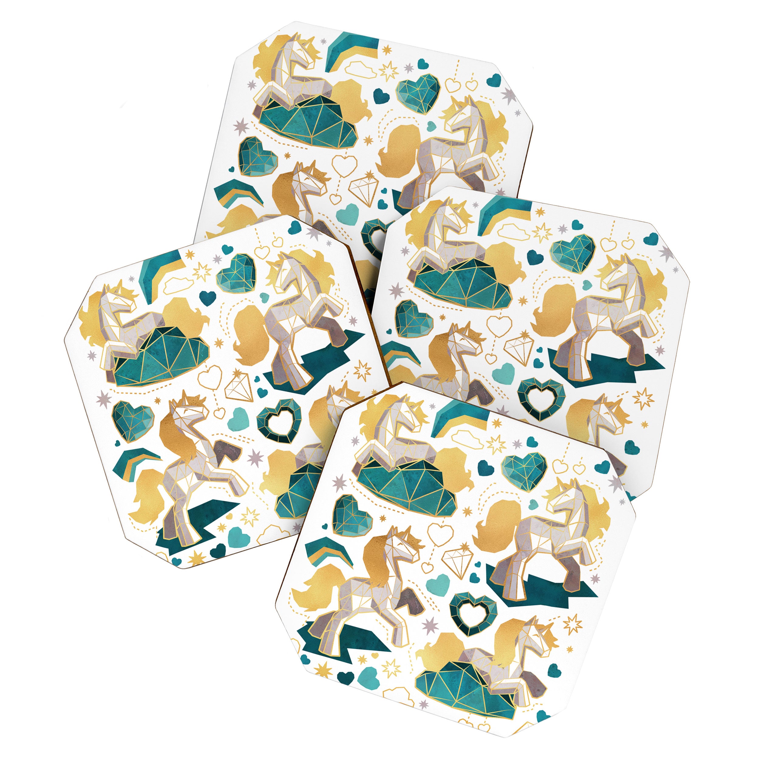 Kicking off some magic // white background white and grey unicorns aqua and mint hearts clouds and rainbows golden lines Coaster Gallery Image 1
