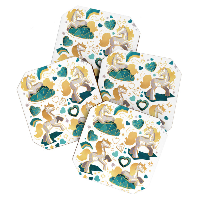Kicking off some magic // white background white and grey unicorns aqua and mint hearts clouds and rainbows golden lines Coaster Gallery Image 1