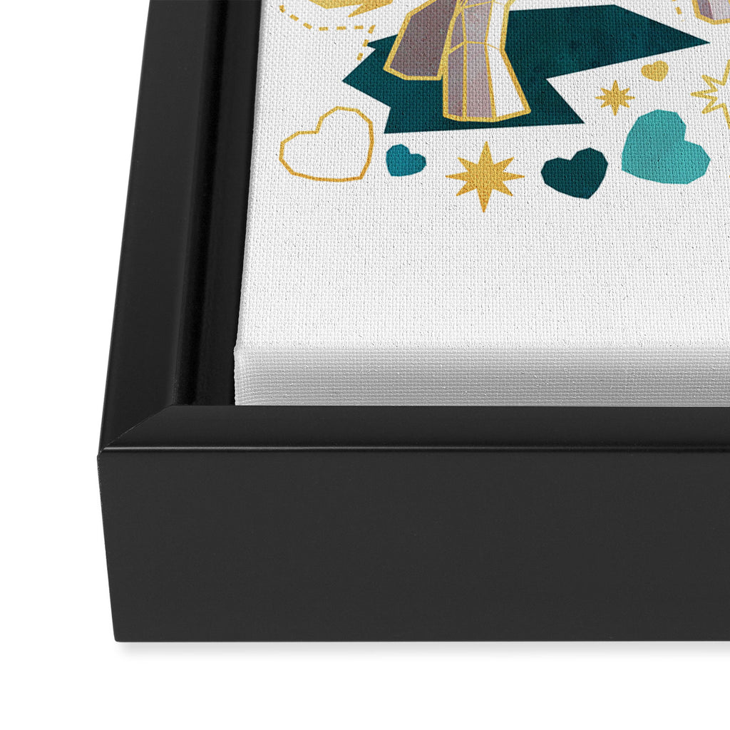 Kicking off some magic // white background white and grey unicorns aqua and mint hearts clouds and rainbows golden lines Framed Canvas Print Gallery Image 3