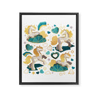 Kicking off some magic // white background white and grey unicorns aqua and mint hearts clouds and rainbows golden lines Framed Canvas Print Gallery Image 6