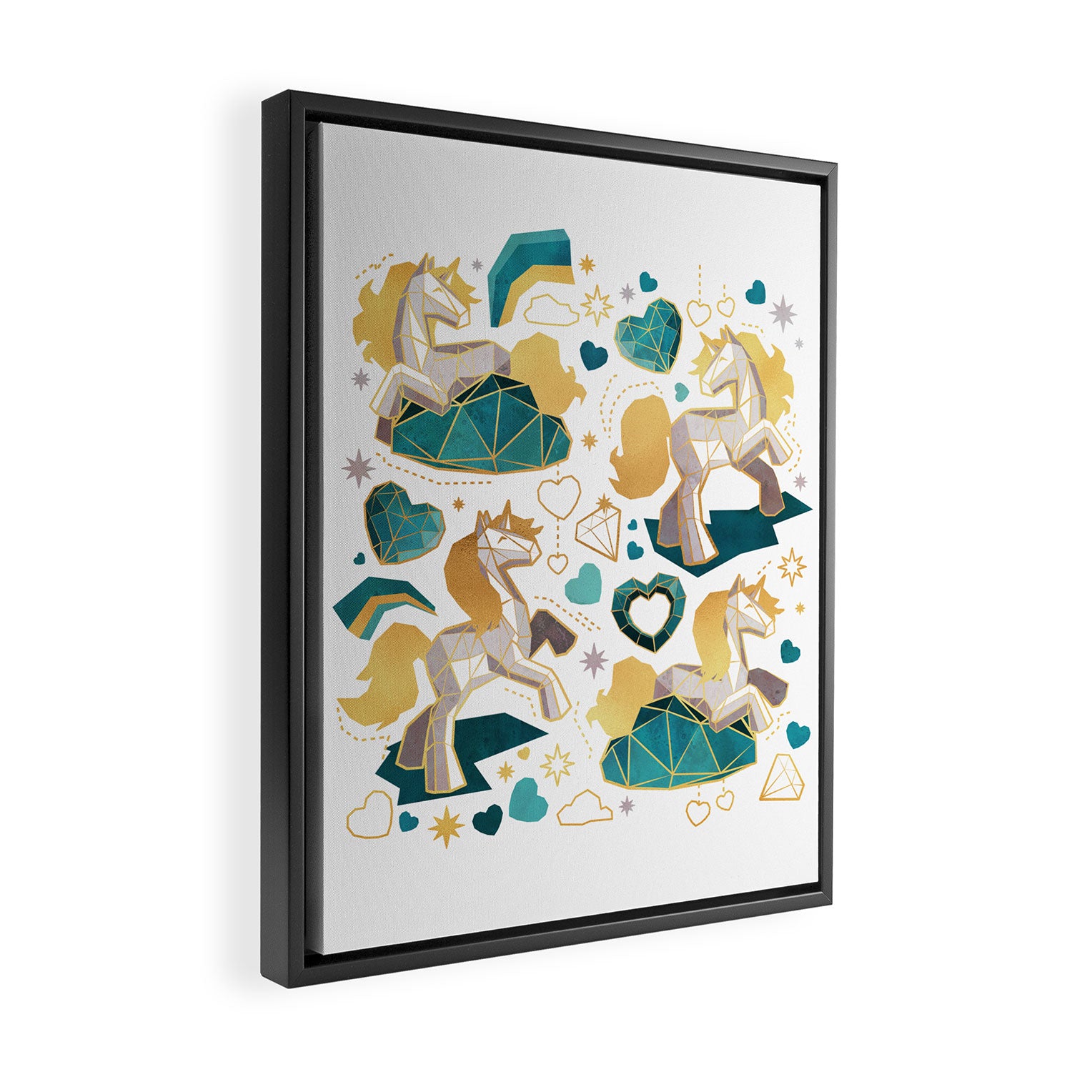 Kicking off some magic // white background white and grey unicorns aqua and mint hearts clouds and rainbows golden lines Framed Canvas Print Gallery Image 2