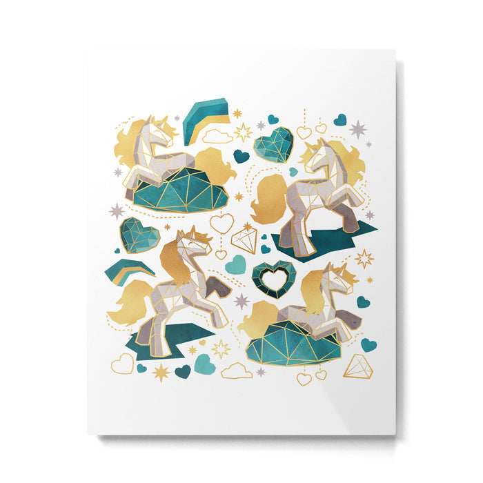 Kicking off some magic // white background white and grey unicorns aqua and mint hearts clouds and rainbows golden lines Metal Print Gallery Image 1