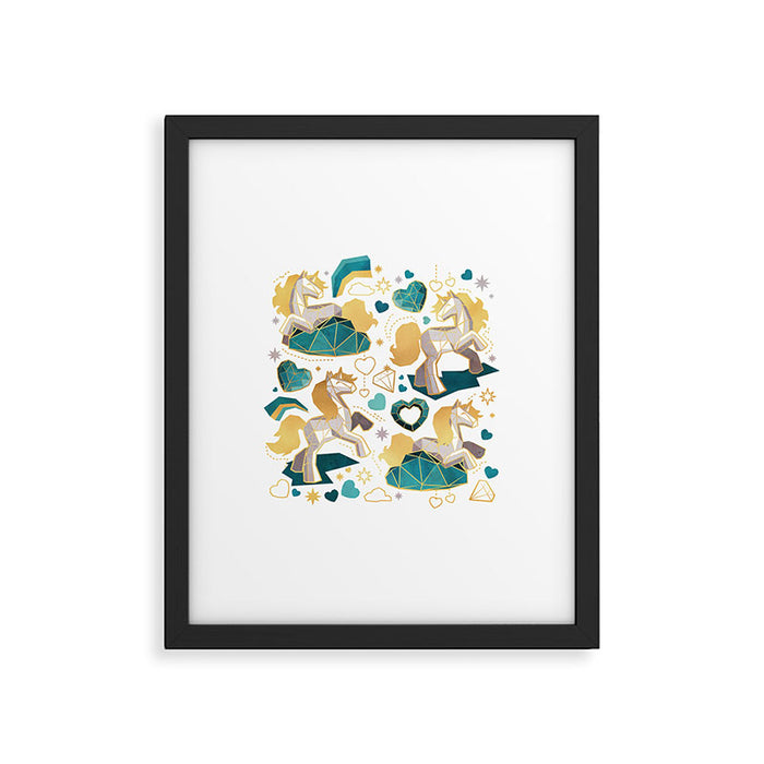 Kicking off some magic // white background white and grey unicorns aqua and mint hearts clouds and rainbows golden lines Framed Art Print Gallery Image 1