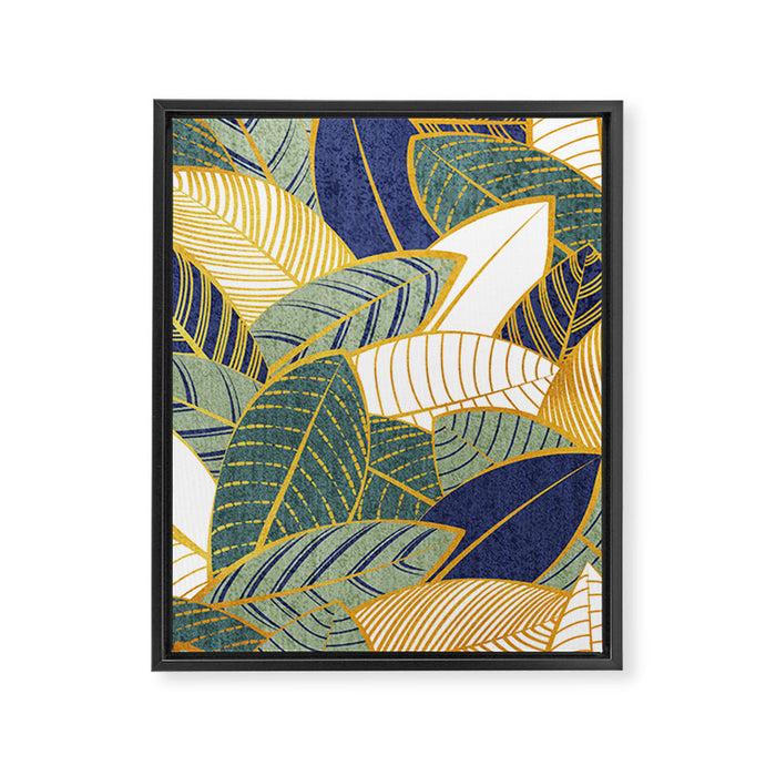 Leaf wall // navy blue pine and sage green leaves golden lines Framed Canvas Print Gallery Image 1