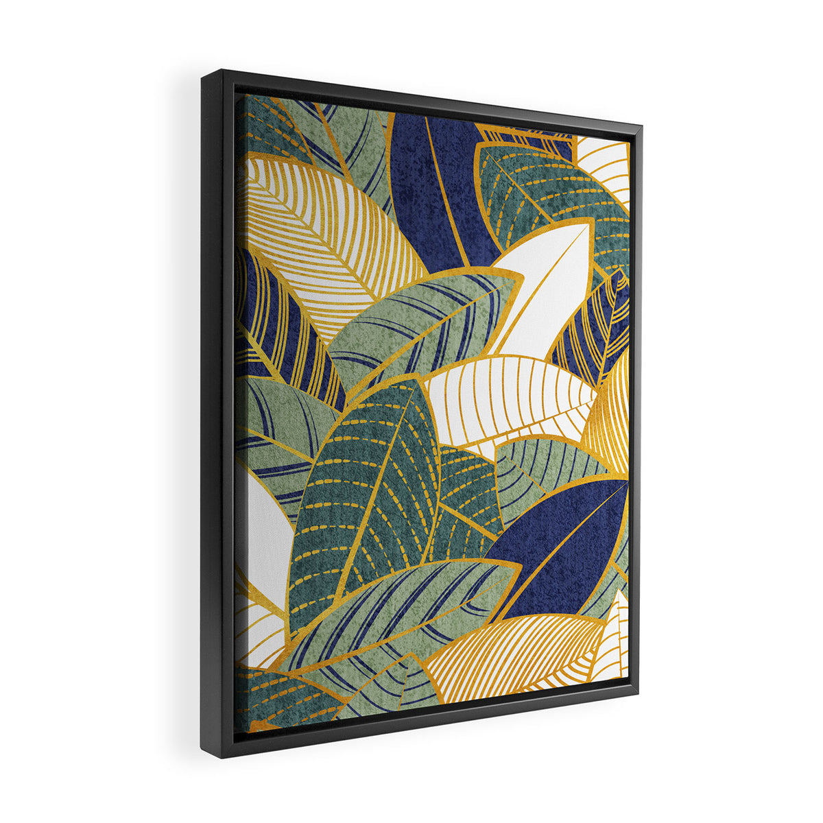 Leaf wall // navy blue pine and sage green leaves golden lines Framed Canvas Print Gallery Image 2