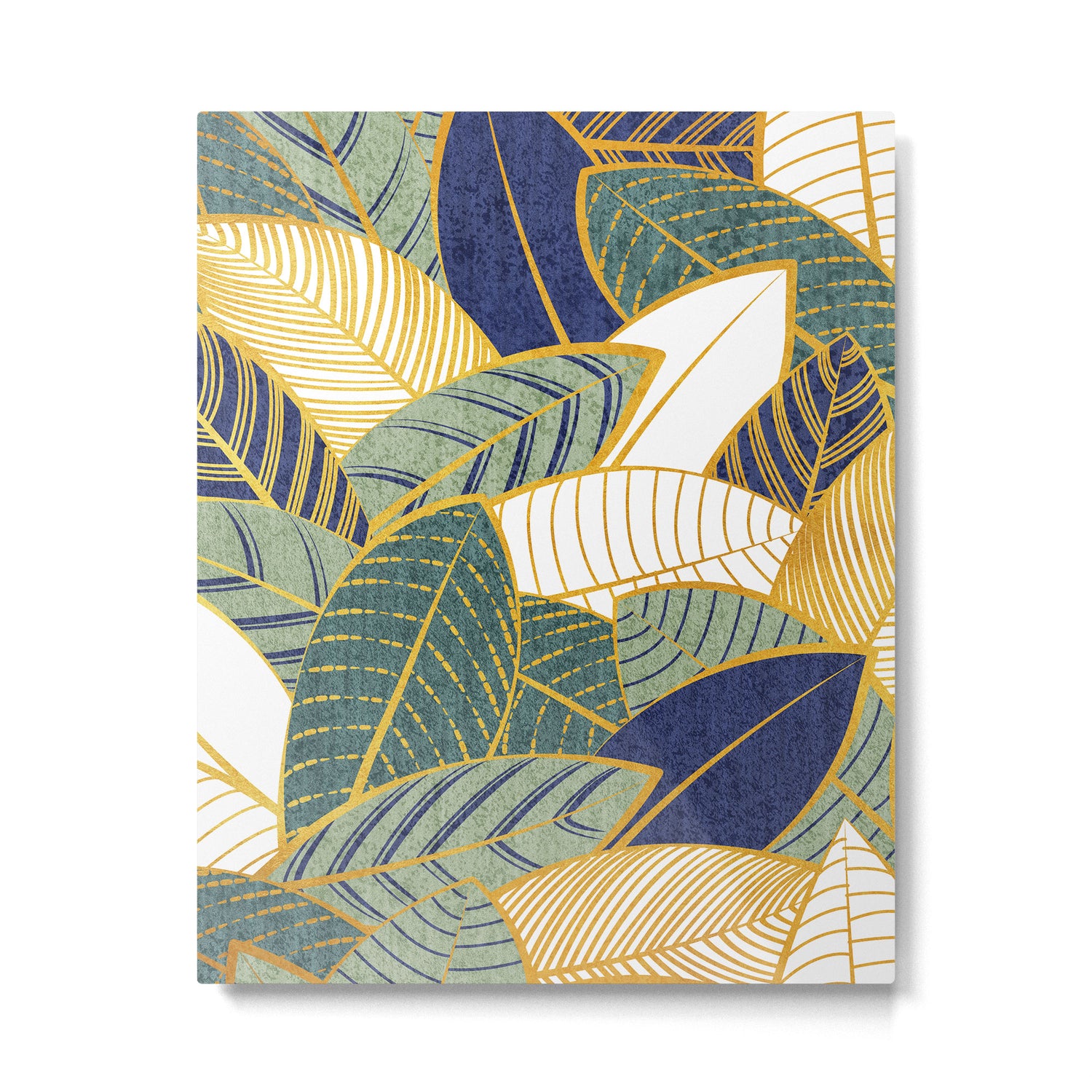 Leaf wall // navy blue pine and sage green leaves golden lines Metal Print Gallery Image 6