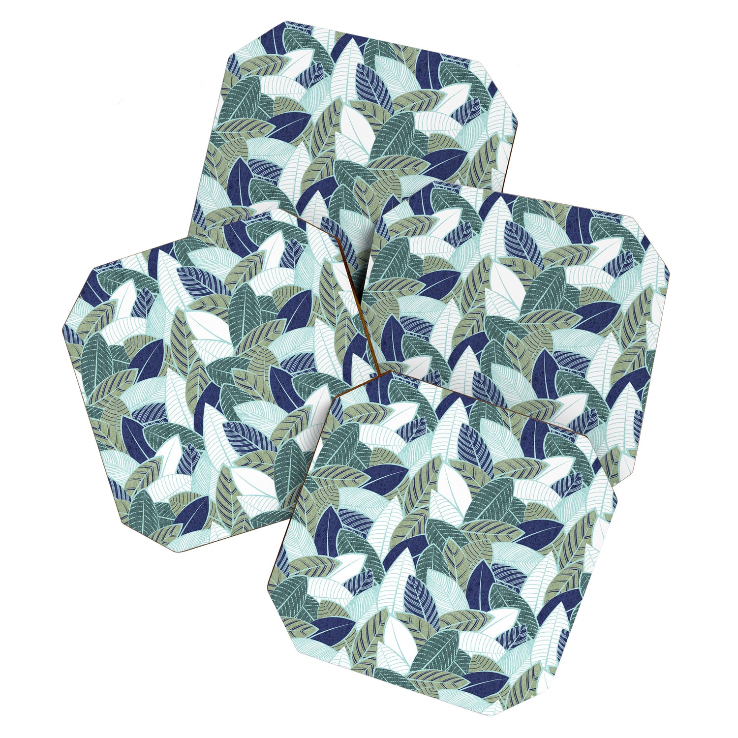 Leaf wall // navy blue pine and sage green leaves mint lines Coaster Gallery Image 1