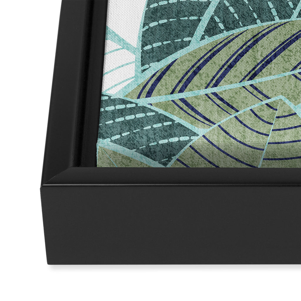 Leaf wall // navy blue pine and sage green leaves mint lines Framed Canvas Print Gallery Image 3