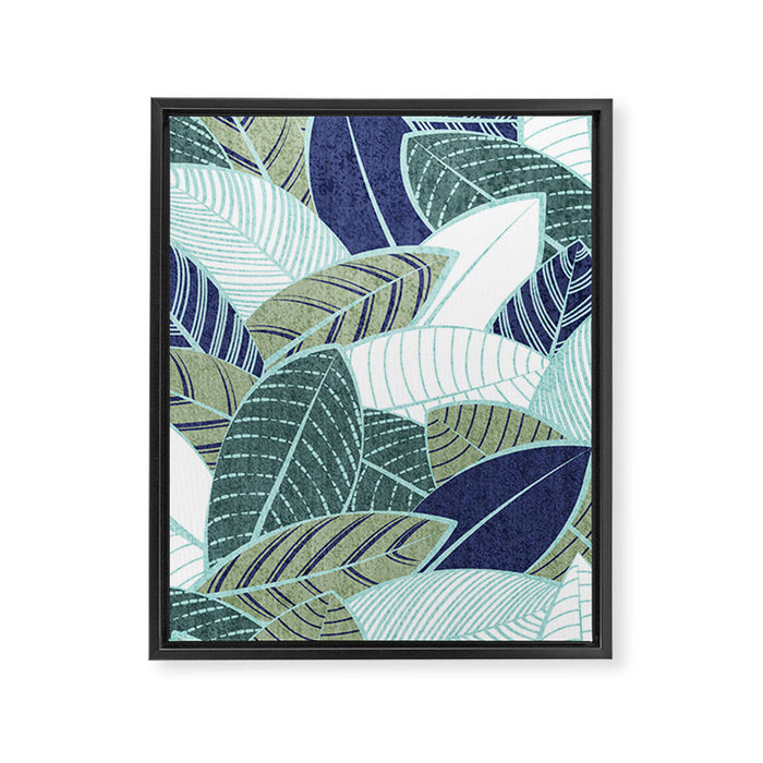 Leaf wall // navy blue pine and sage green leaves mint lines Framed Canvas Print Gallery Image 1