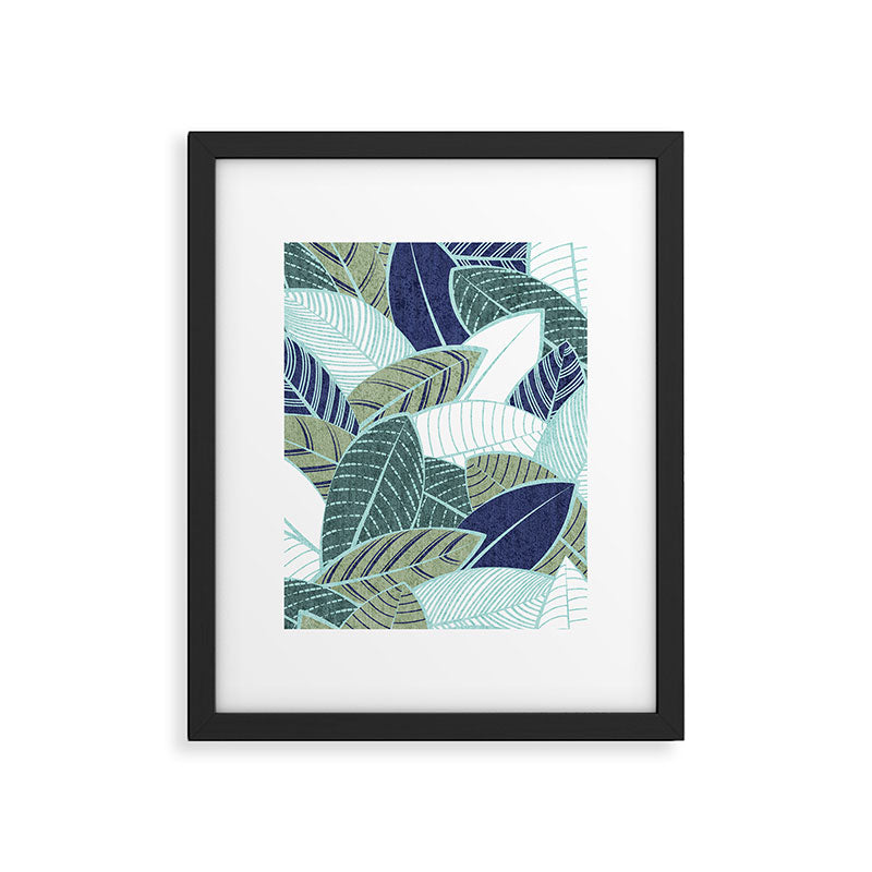 Leaf wall // navy blue pine and sage green leaves mint lines Framed Art Print Gallery Image 6