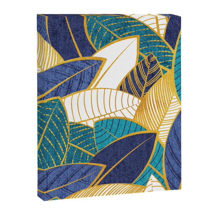 Leaf wall // navy blue royal blue and teal leaves golden lines Canvas Print Gallery Image 1