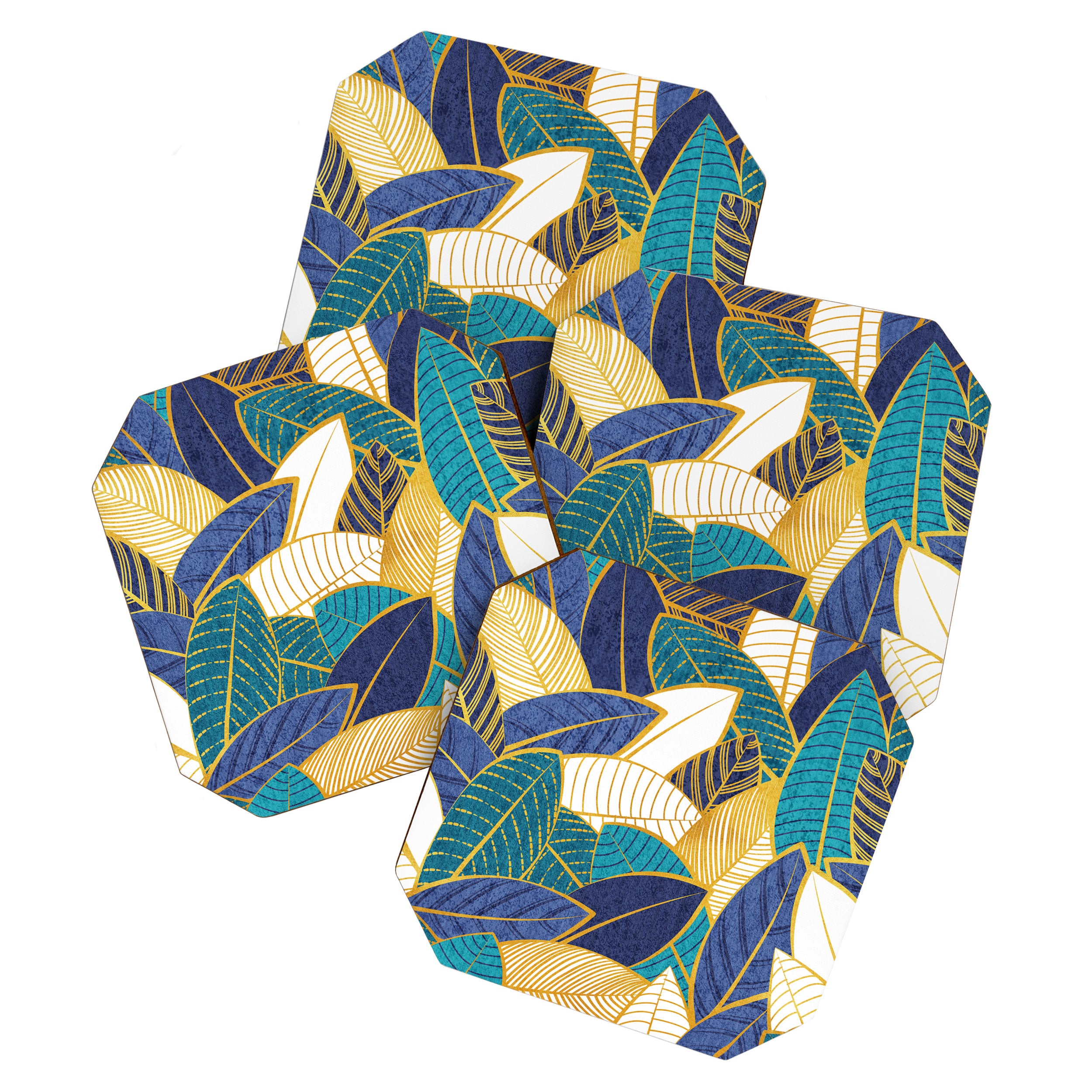 Leaf wall // navy blue royal blue and teal leaves golden lines Coaster Gallery Image 1