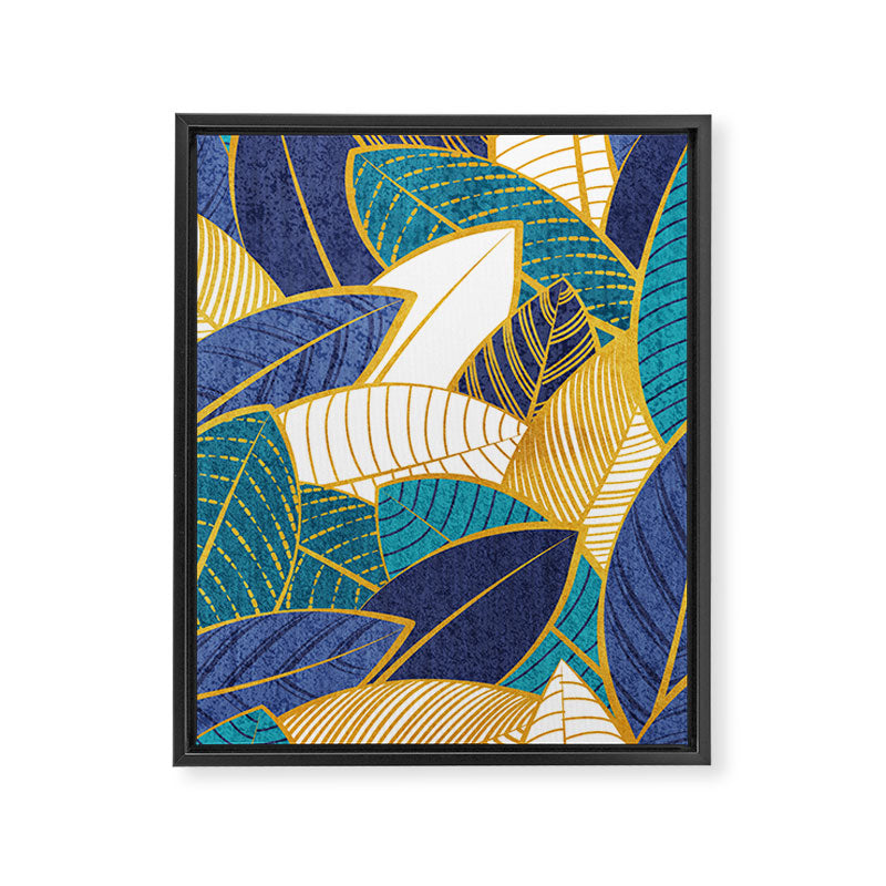 Leaf wall // navy blue royal blue and teal leaves golden lines Framed Canvas Print Gallery Image 8