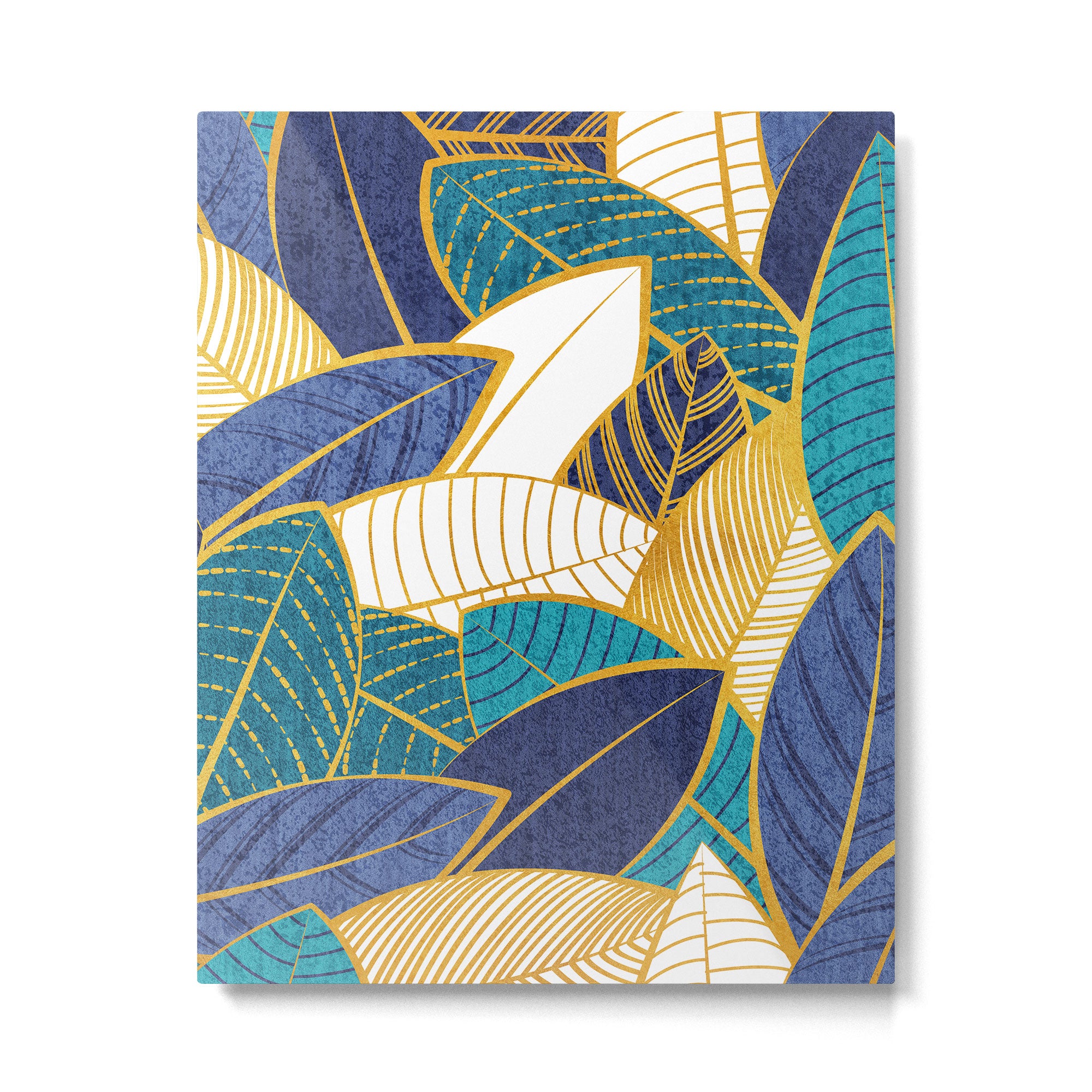 Leaf wall // navy blue royal blue and teal leaves golden lines Metal Print Gallery Image 6