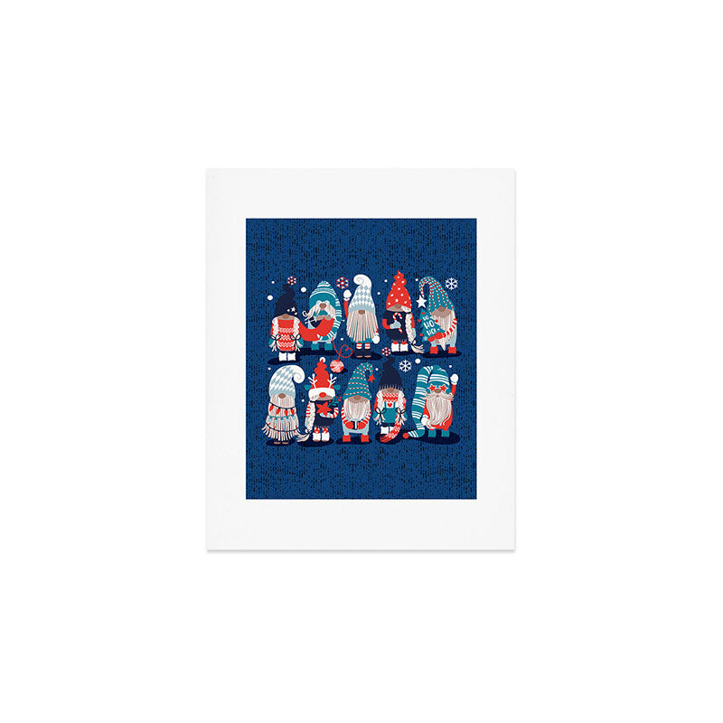 Let it gnome // blue background little Santa's helpers preparing for Christmas neon red classic oxford and pastel blue dressed gnomes Art Print Gallery Image 1