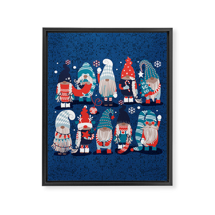Let it gnome // blue background little Santa's helpers preparing for Christmas neon red classic oxford and pastel blue dressed gnomes Framed Canvas Print Gallery Image 1