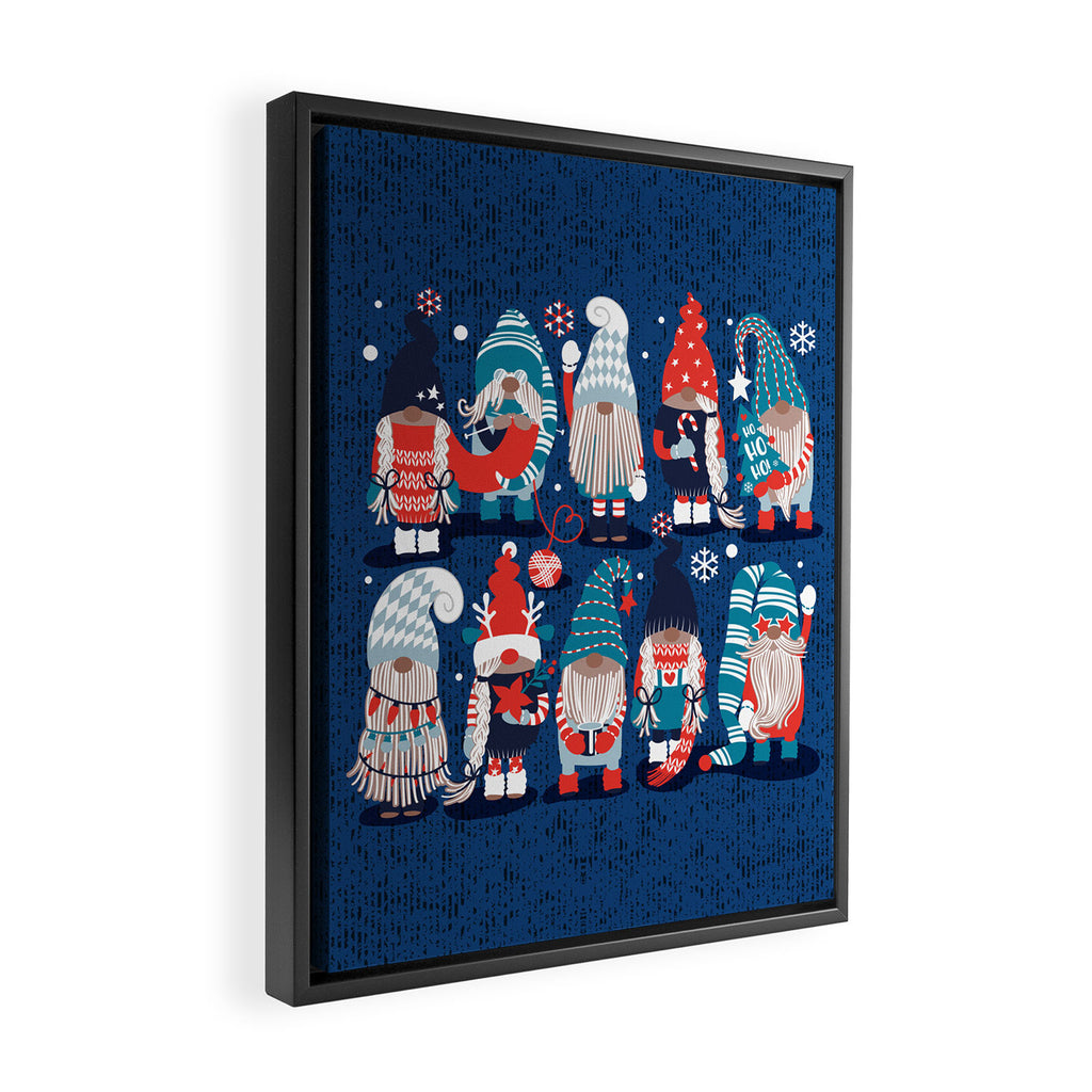 Let it gnome // blue background little Santa's helpers preparing for Christmas neon red classic oxford and pastel blue dressed gnomes Framed Canvas Print Gallery Image 2