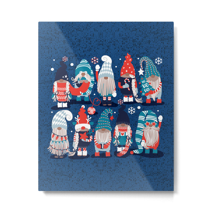 Let it gnome // blue background little Santa's helpers preparing for Christmas neon red classic oxford and pastel blue dressed gnomes Metal Print Gallery Image 1