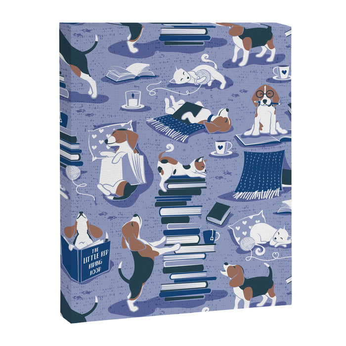 Life is better with books a hot drink and a friend // indigo blue background brown white and blue beagles and cats and classic blue cozy details Canvas Print Gallery Image 1