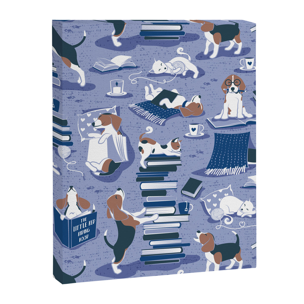 Life is better with books a hot drink and a friend // indigo blue background brown white and blue beagles and cats and classic blue cozy details Canvas Print Gallery Image 6