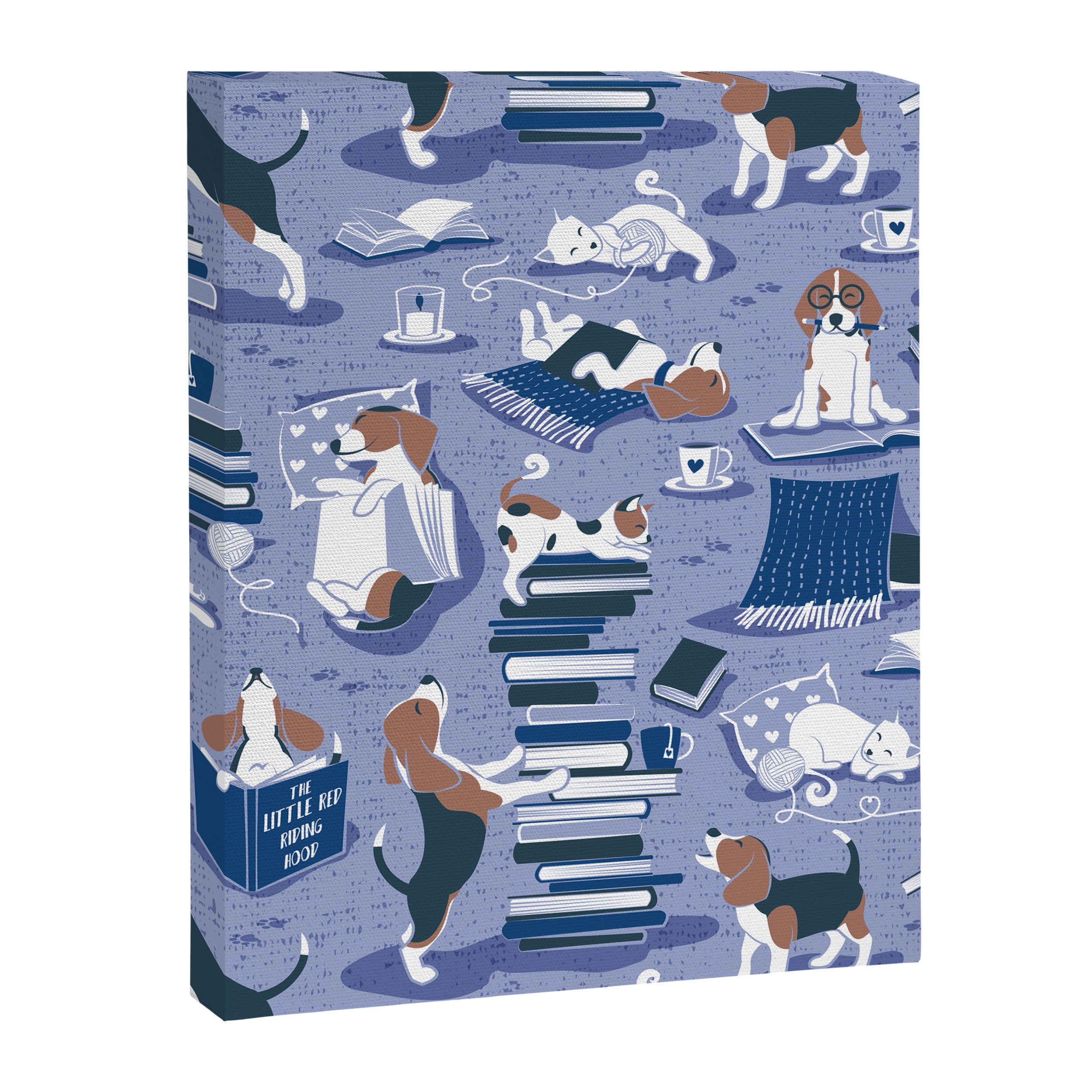 Life is better with books a hot drink and a friend // indigo blue background brown white and blue beagles and cats and classic blue cozy details Canvas Print Gallery Image 6