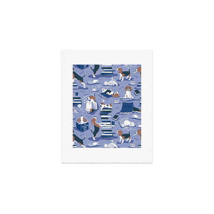 Life is better with books a hot drink and a friend // indigo blue background brown white and blue beagles and cats and classic blue cozy details Art Print Gallery Image 1
