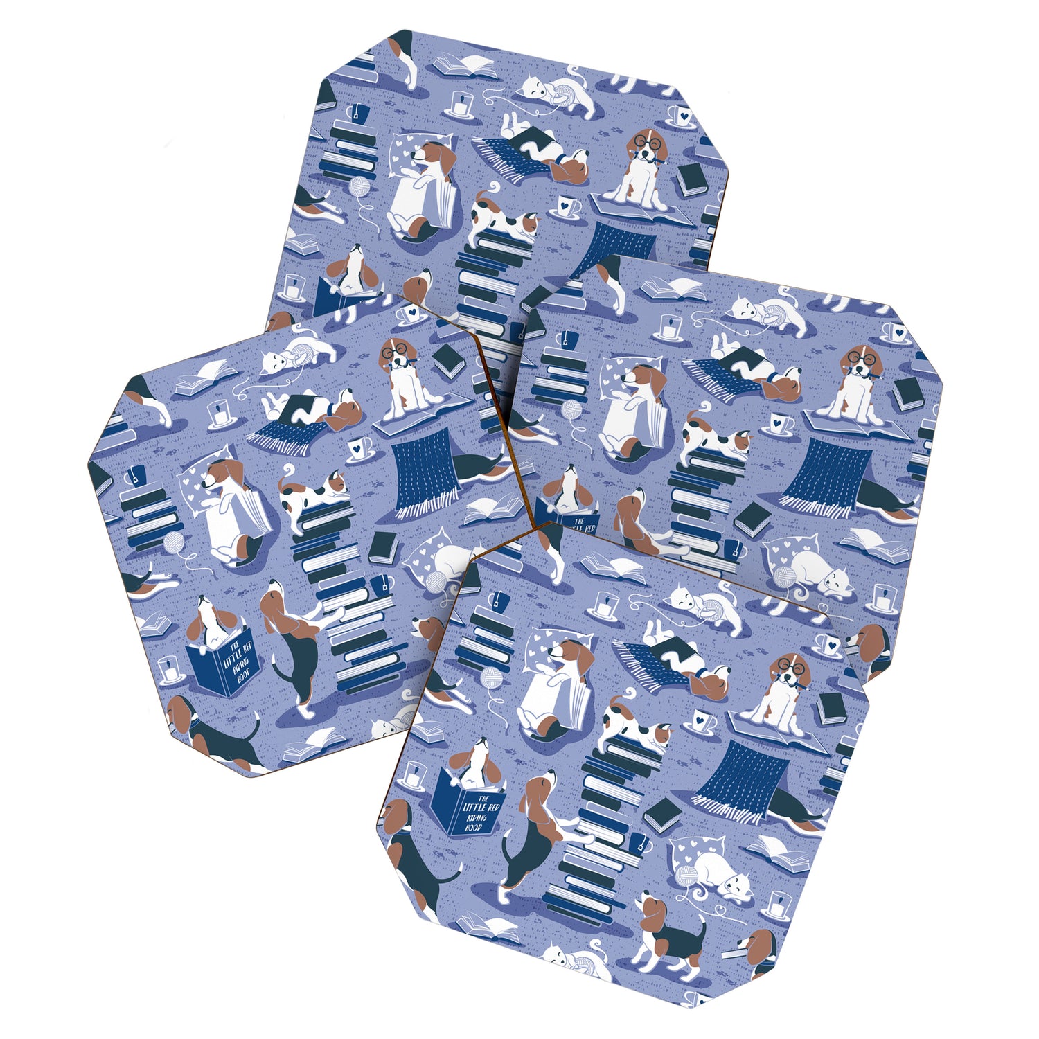 Life is better with books a hot drink and a friend // indigo blue background brown white and blue beagles and cats and classic blue cozy details Coaster Gallery Image 1