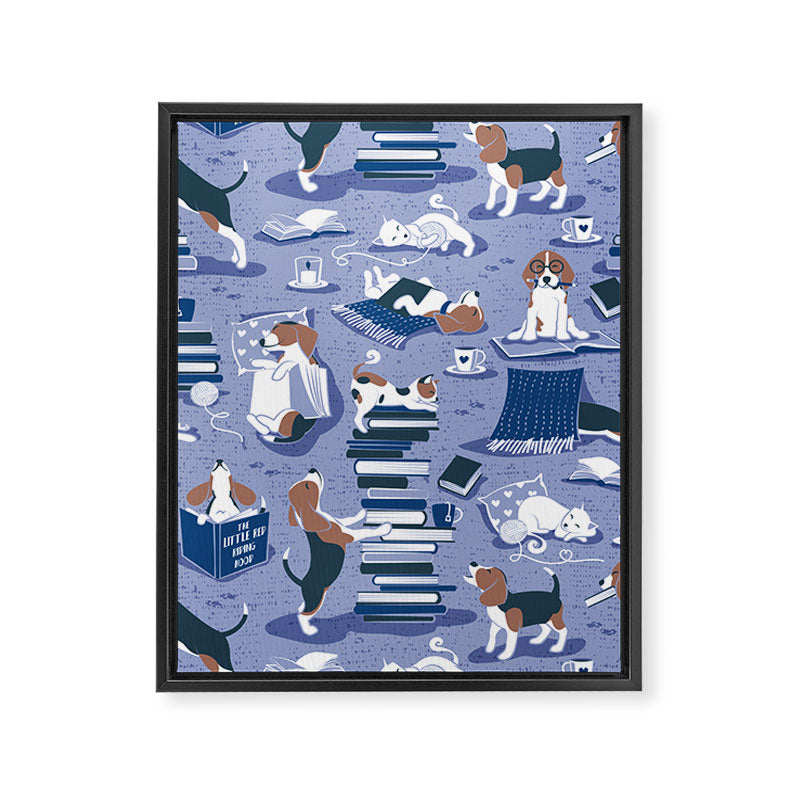 Life is better with books a hot drink and a friend // indigo blue background brown white and blue beagles and cats and classic blue cozy details Framed Canvas Print Gallery Image 6