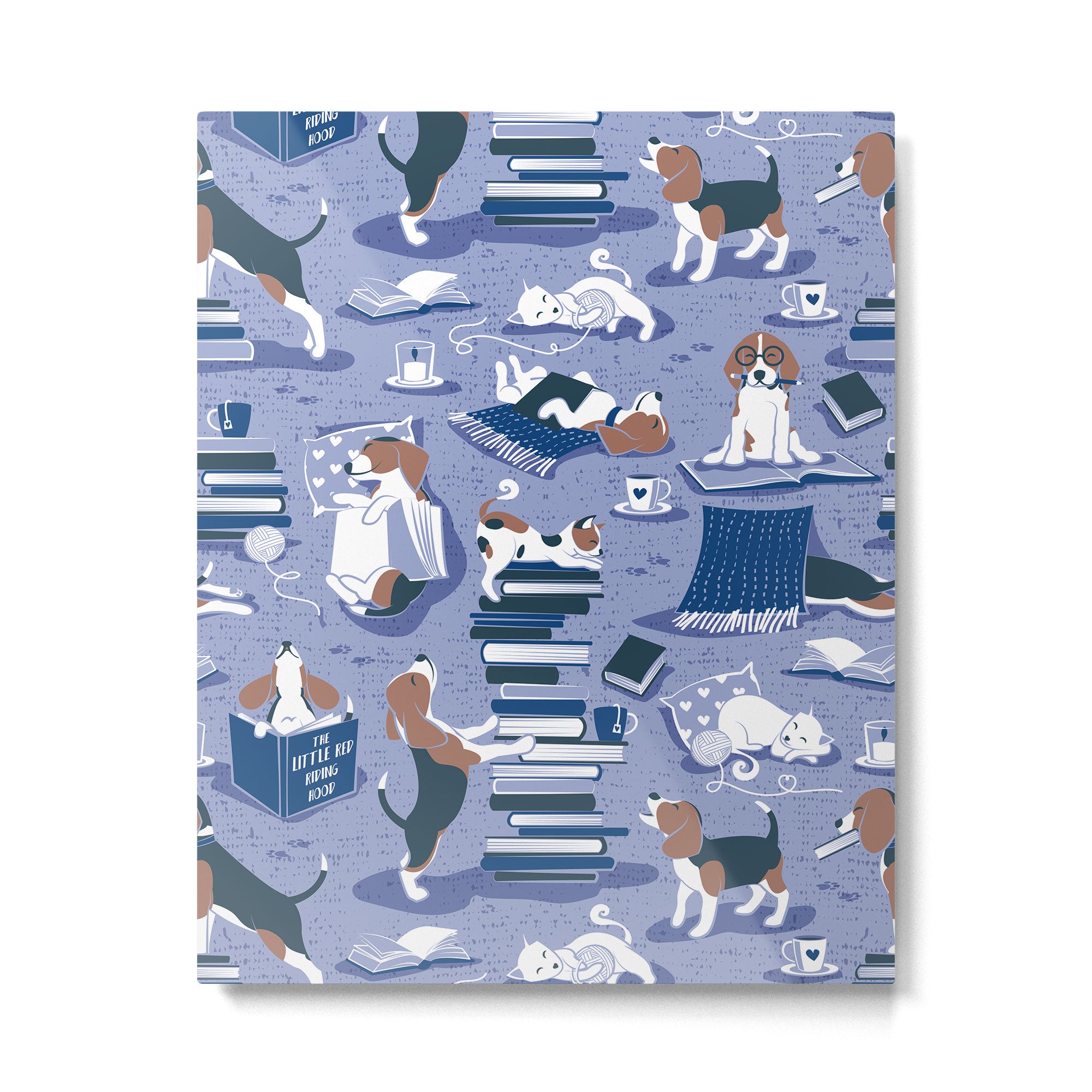 Life is better with books a hot drink and a friend // indigo blue background brown white and blue beagles and cats and classic blue cozy details Metal Print Gallery Image 4