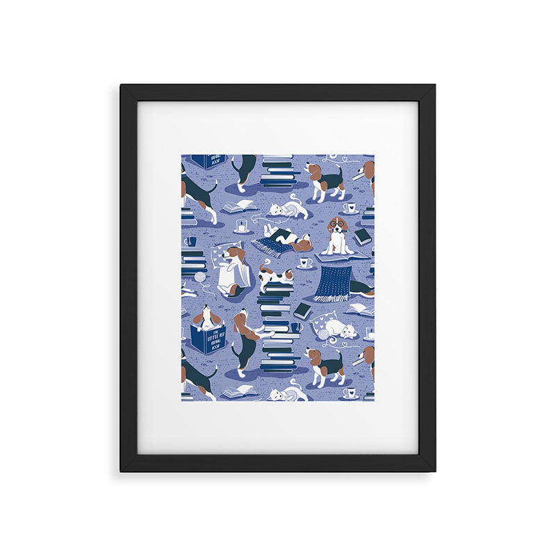 Life is better with books a hot drink and a friend // indigo blue background brown white and blue beagles and cats and classic blue cozy details Framed Art Print Gallery Image 5