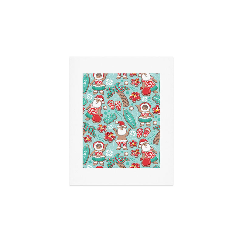 Mele Kalikimaka Hawaiian Christmas gingerbread cookies // aqua background Art Print Gallery Image 1