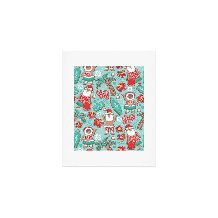 Mele Kalikimaka Hawaiian Christmas gingerbread cookies // aqua background Art Print Gallery Image 1