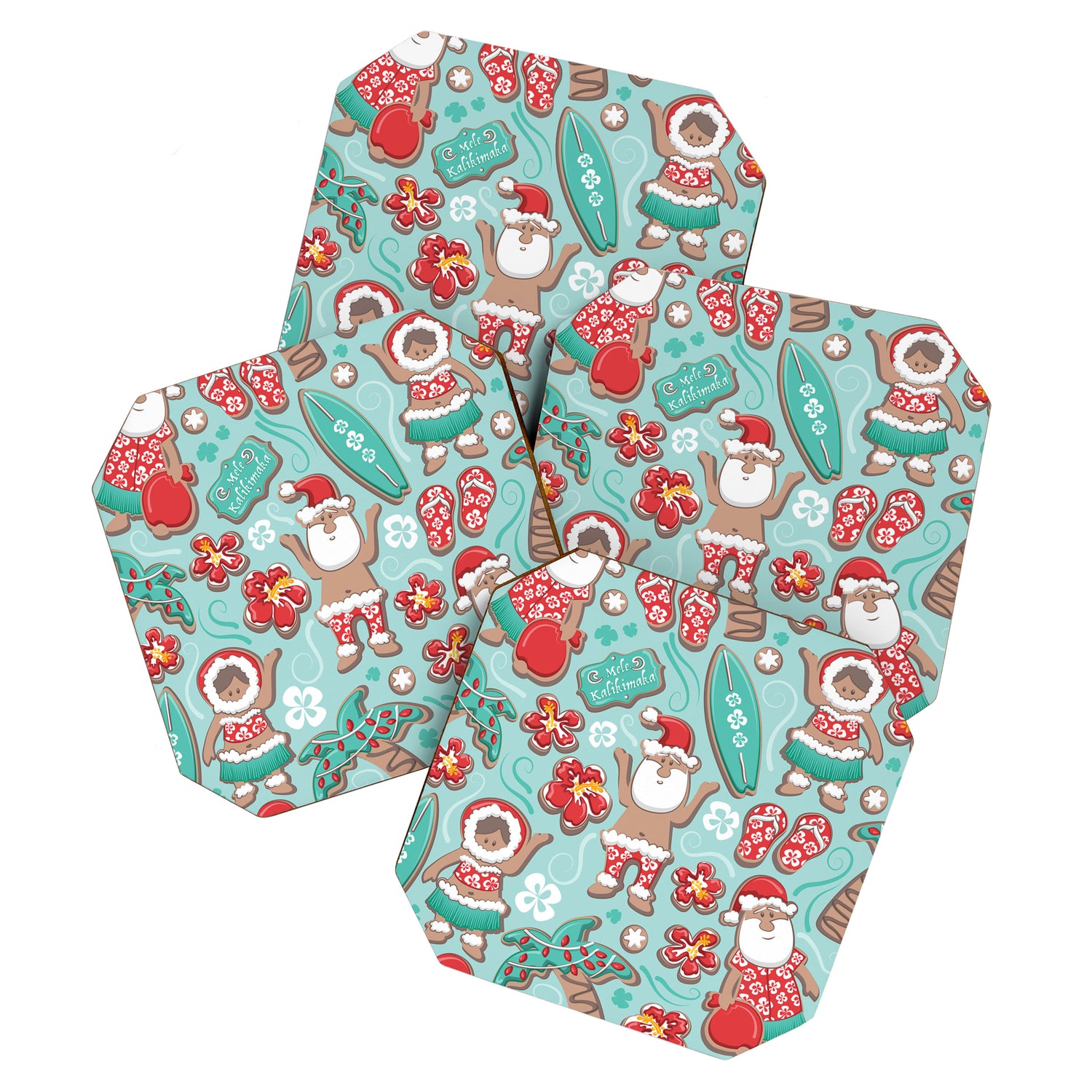 Mele Kalikimaka Hawaiian Christmas gingerbread cookies // aqua background Coaster Gallery Image 1